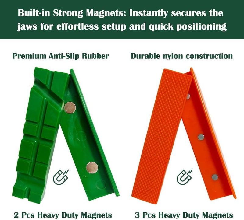 BCDHAMATE 2-Pair 5 inch Vise Jaw Pads, Magnetic Vise Jaw Protective Covers, 1 Multi-Groove Jaw Pads Set and 1 Standard Waffle Surface Jaw Pads Set, for Clamping Woodworking Metal Plastics (Green, Orange) - Image 2